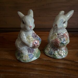 Vintage Iridescent Porcelain Easter Bunny Rabbits with flowers Set of 2